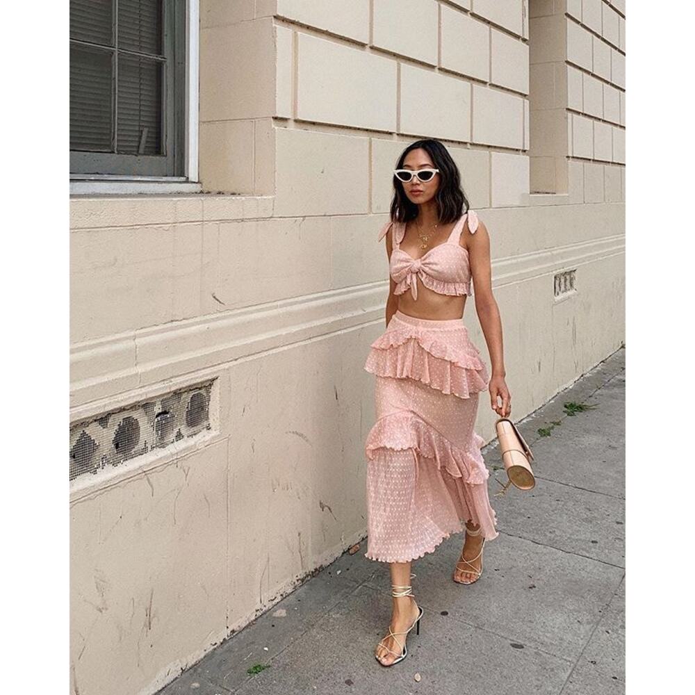 Song of Style Ada Pink Ruffle Skirt Crop Top Set S M